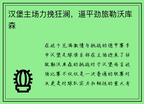 汉堡主场力挽狂澜，逼平劲旅勒沃库森
